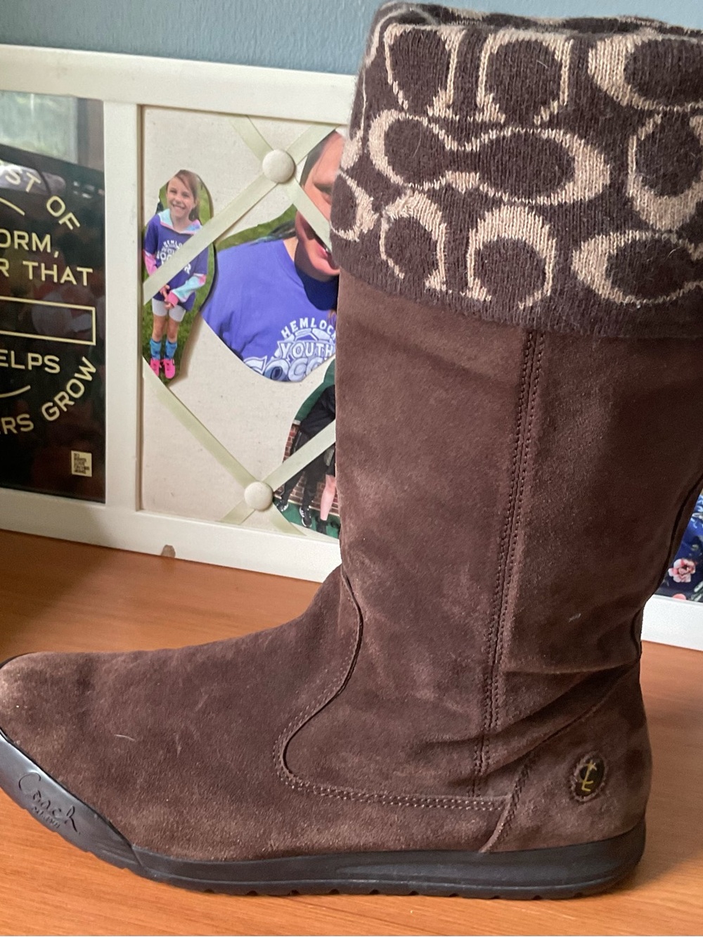 Coach Kids Brown Suede Boot with Logo Cuff - Picture 2 of 6